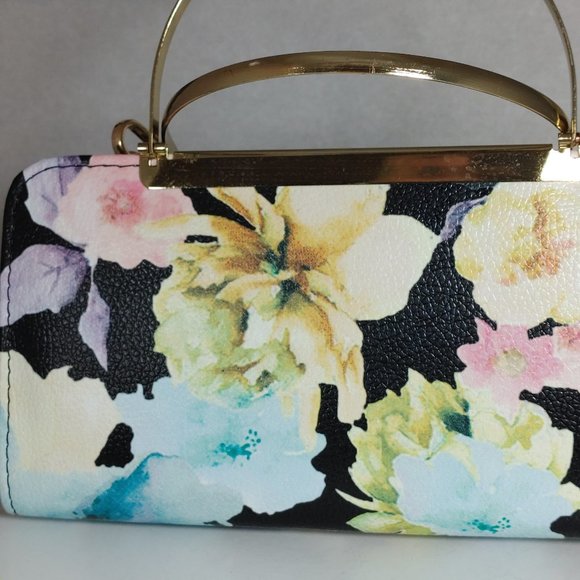 Black Floral Clutch Wallet Purse Handbag Metal Handles w Crossbody Chain Strap - Picture 2 of 9
